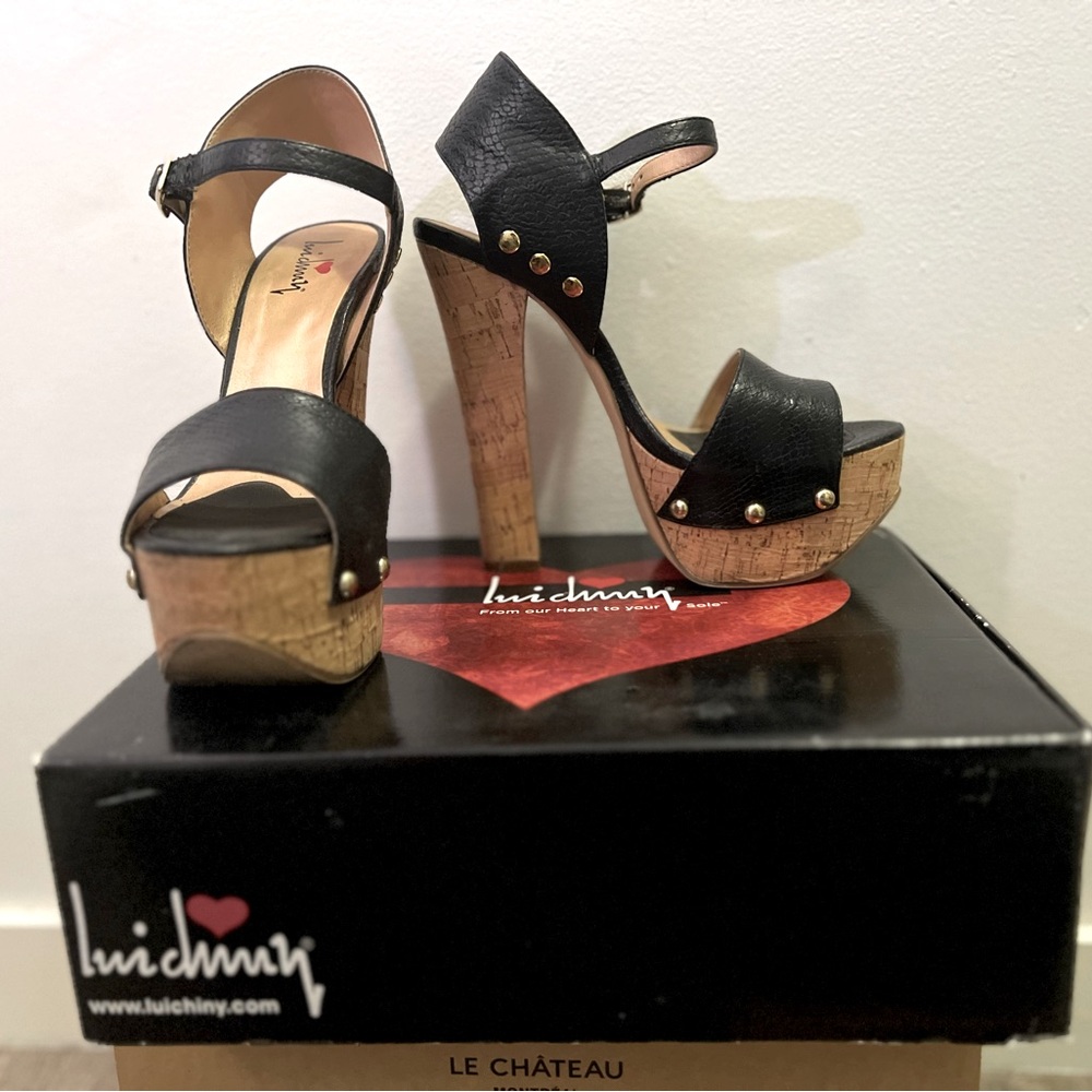 Size 7 Luichiny Platform Heels with Black Faux Snakeskin/Cork and Gold Rivets